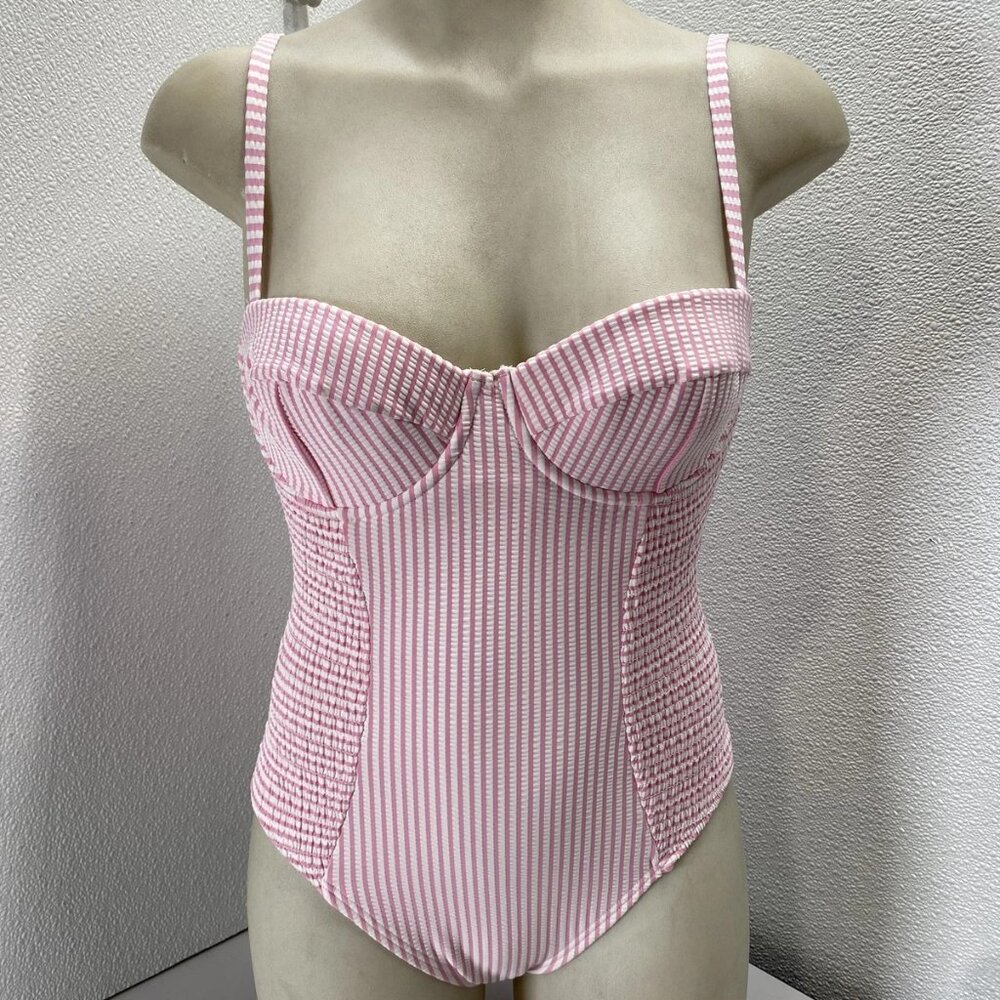 NEW KATE SPADE Smocked Begonia One-Piece Swimsuit • Size XS • Pink/White